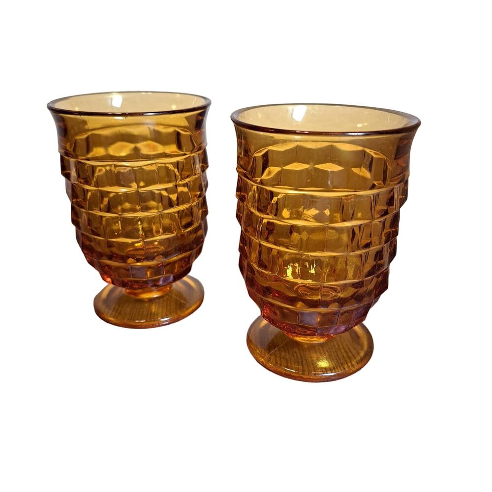 Vintage 1960s 1970s Indiana Glass Whitehall Amber Footed Juice Glasses Pair of 2